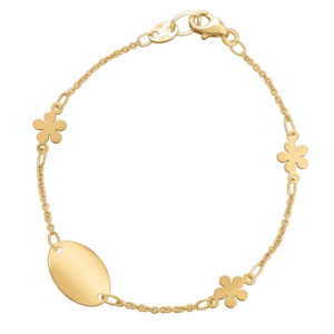 Gold bracelet with clover charms and oval plate, exclusive jewelry in Murcia.