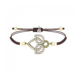 Pulsera SUNFIELD de plata, nailon, hueso y circonitas color brown y aguamarina