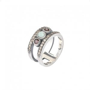Anillo SUNFIELD de plata envejecida, calcedonia y circonitas color cava