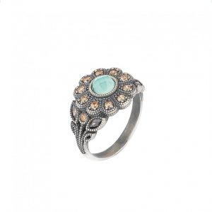 Anillo SUNFIELD de plata envejecida, calcedonia y circonitas color cava