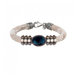 Silver SUNFIELD bracelet, pyton cord, Garnet, rose quartz and zircons