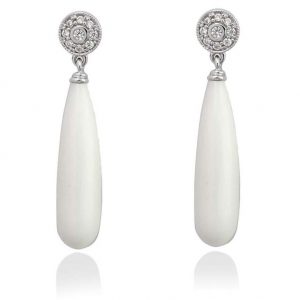 Chalcedony silver wedding earrings, gray pearl and zircons.