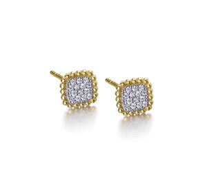 Pendientes cuadrados de perla, oro amarillo y diamantes, joyería exclusiva en Murcia.