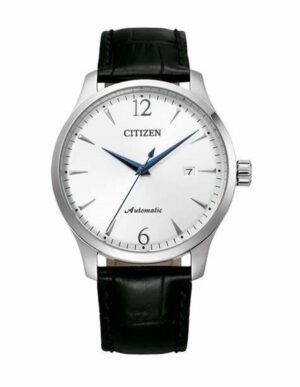 Reloj Citizen automático con esfera blanca y correa de cuero negro.