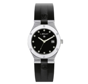 Reloj de pulsera L.BRUAT con esfera negra y correa de silicona negra.