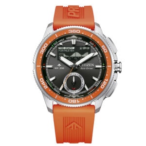 Reloj Citizen Promaster con correa naranja y funciones avanzadas.