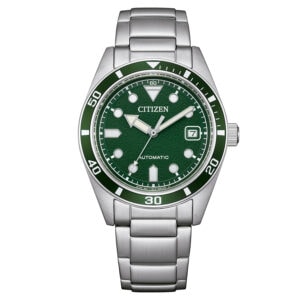 Reloj Citizen automático unisex con esfera verde y caja de acero inoxidable.