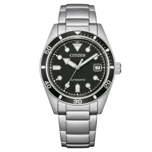 Reloj Citizen automático unisex con esfera negra y correa de acero inoxidable.
