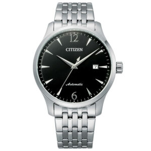 Reloj Citizen automático con esfera negra y correa de acero inoxidable.